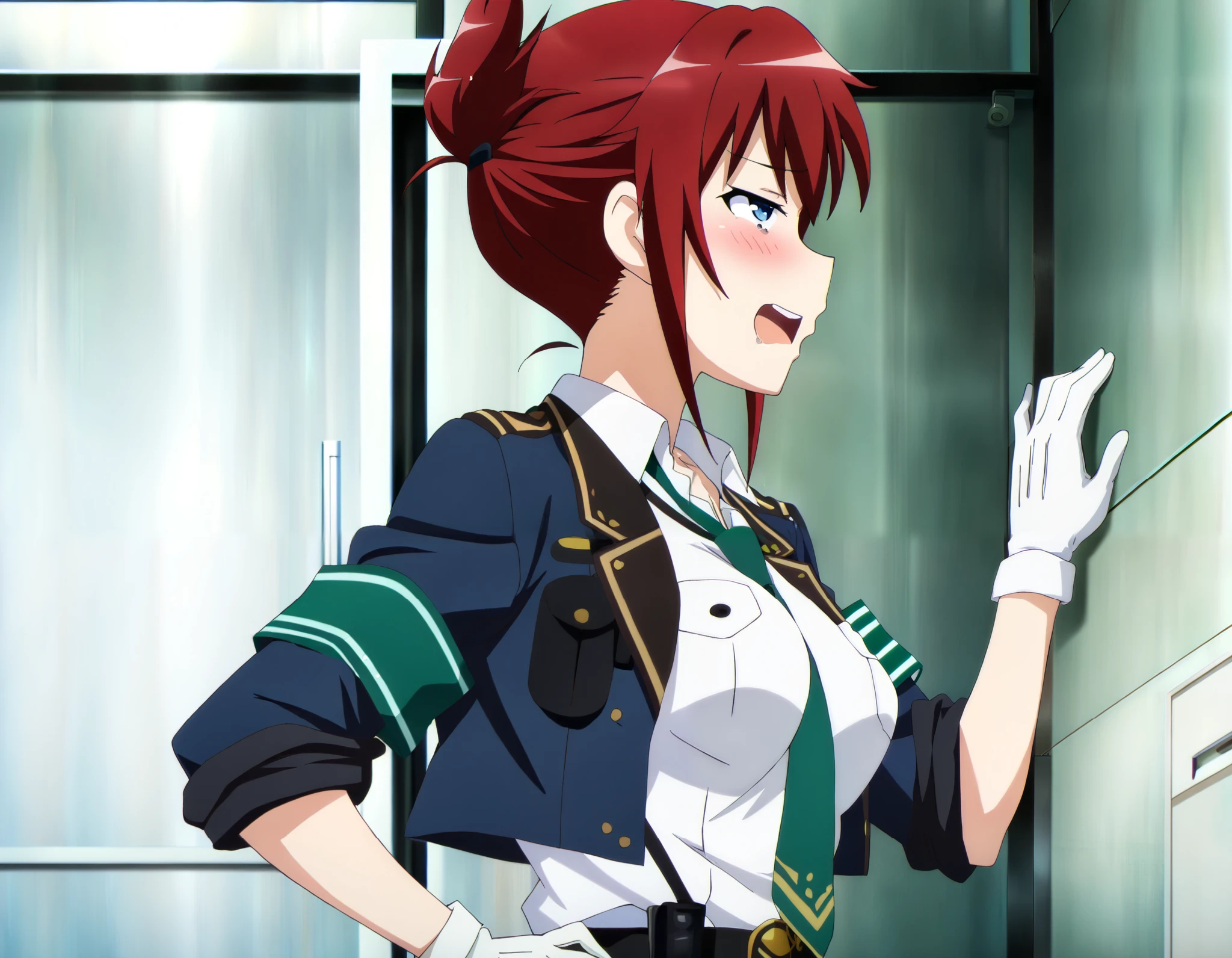 anime screenshot, rail wars!, sakurai aoi, 1girl, solo, red hair, folded ponytail, blue eyes, medium breasts, police uniform, blue jacket, open jacket, white shirt, collared shirt, sleeves rolled up, green necktie, armband, green armband, blue skirt, pencil skirt, black belt, white gloves, holster,hand on own hip, indoors,masterpiece, best quality, high quality, highres, absurdres,amazing quality, excellent,(2d cel anime,anime screencap,high collar:1.15763), (half-closed eyes,full screen, indoors:0.9), blush,(ahegao,torogao:0.8),standing, realistic,(upper body, from side,portrait:1.3),