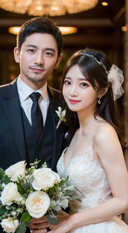 highest quality,masterpiece,8k,Beauty,happy couple,wedding ceremony,Bride and groom,Captivating smile,淫靡で巨乳のBeauty、Brown ponytail with bangs,sexy wedding dress,Outside the church,
