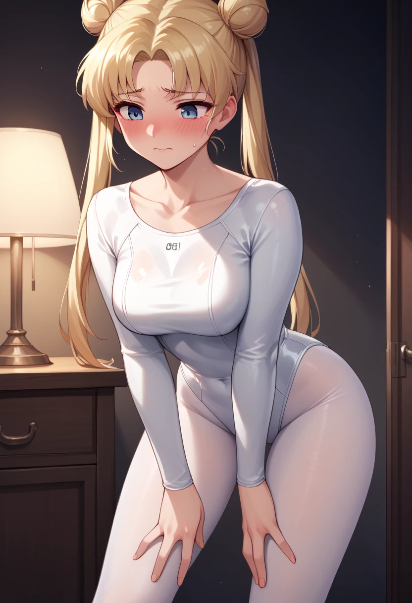 blonde hair, twintails, double bun, parted bangs, 
skin tight, tight fit, long sleeve, simple white leotard, white pantyhose, (off neck), break,
score_9, score_8_up, score_7_up, dimly lit basement, lamp, break,
embarrassed, blush, fear, hand between legs, hand on own chest, standing , leaning forward, , , 