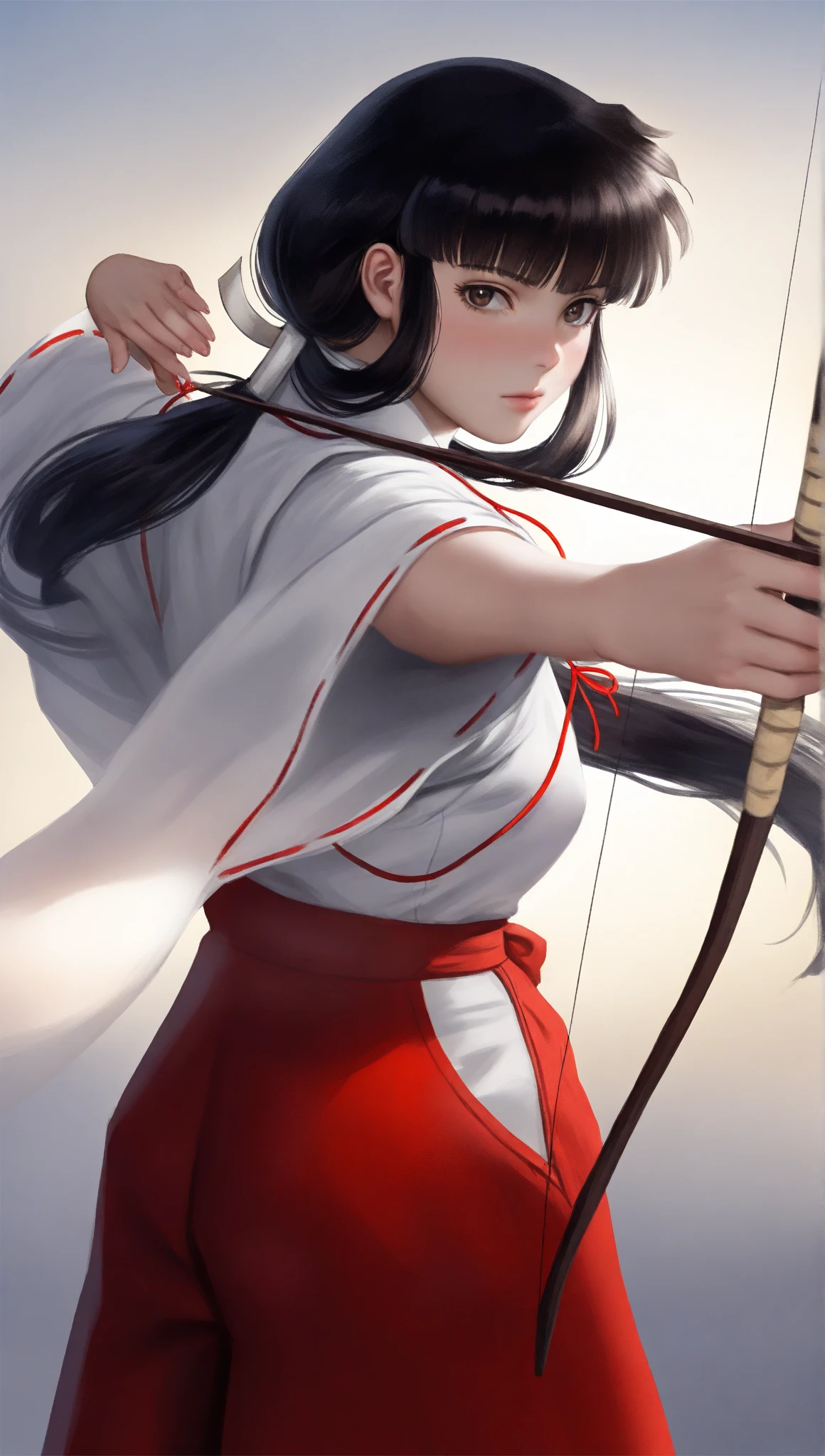 masterpiece,best quality,amazing quality,oykik,realistic,
1girl, solo, black hair, bangs, low ponytail, white scrunchie, brown eyes, looking at viewer, miko outfit, red ribbon necklace, red hakama, cowboy shot, standing, holding a long bow, preparing to draw an arrow, white backgroundsoft lighting,