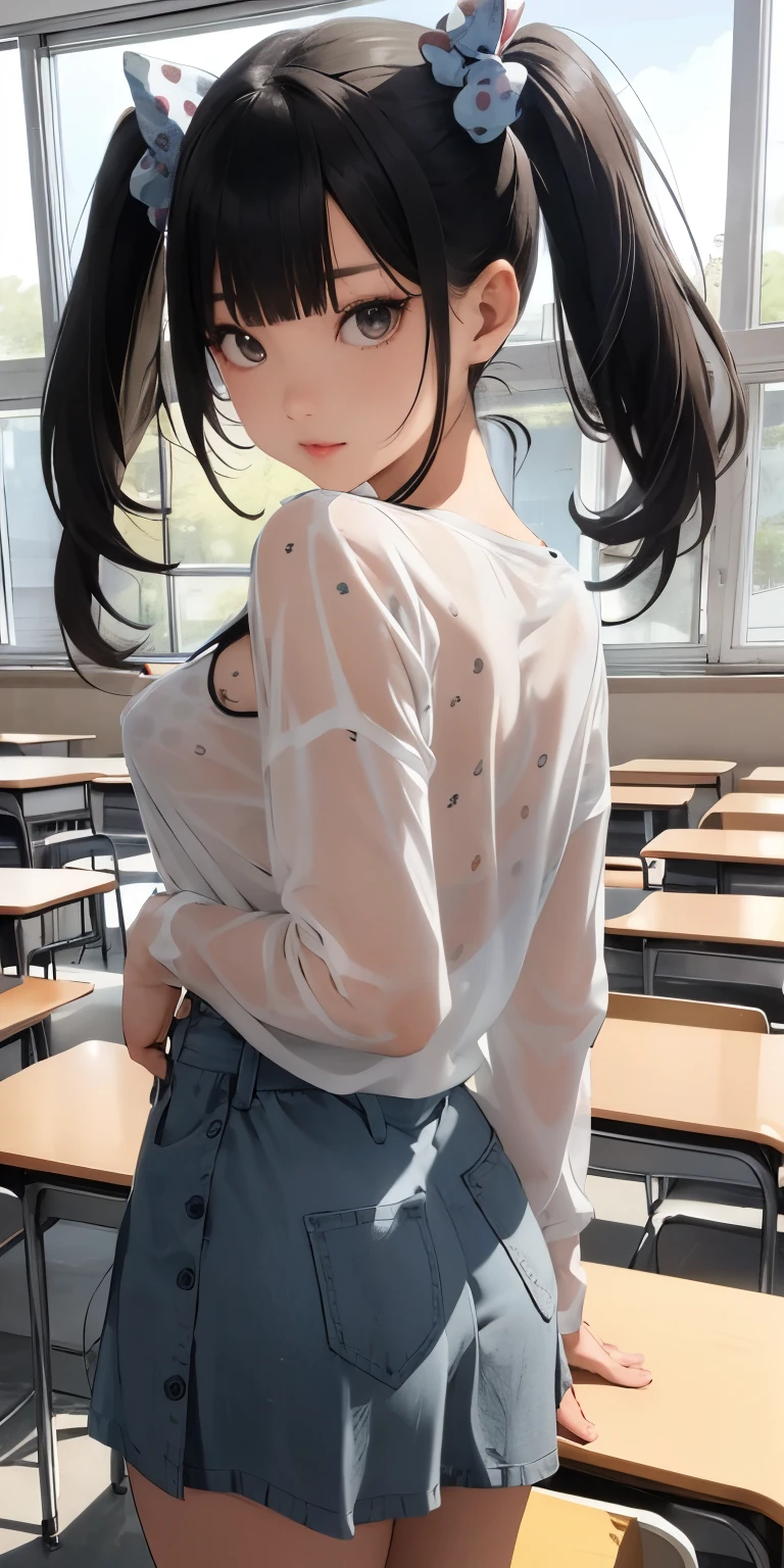 ((masterpiece,Highest quality;1.3,best illustration,realistic)),Being forced to expose your underwear、1woman、独奏,25 year old Japanese beauty,((very small head:1.3)),(center parted bangs,forehead),black hair,long hair,black eyes,gorgeous eyes,tears,shy,sad,medium breasts,((very long body)),((toned body,slender body,skinny)),gleaming skin,shiny skin,oily skin,(White tank top、No sleeve、Dark blue pleated mini skirt、A rolled up skirt)、White panties、Love juice,library、Tokyo、