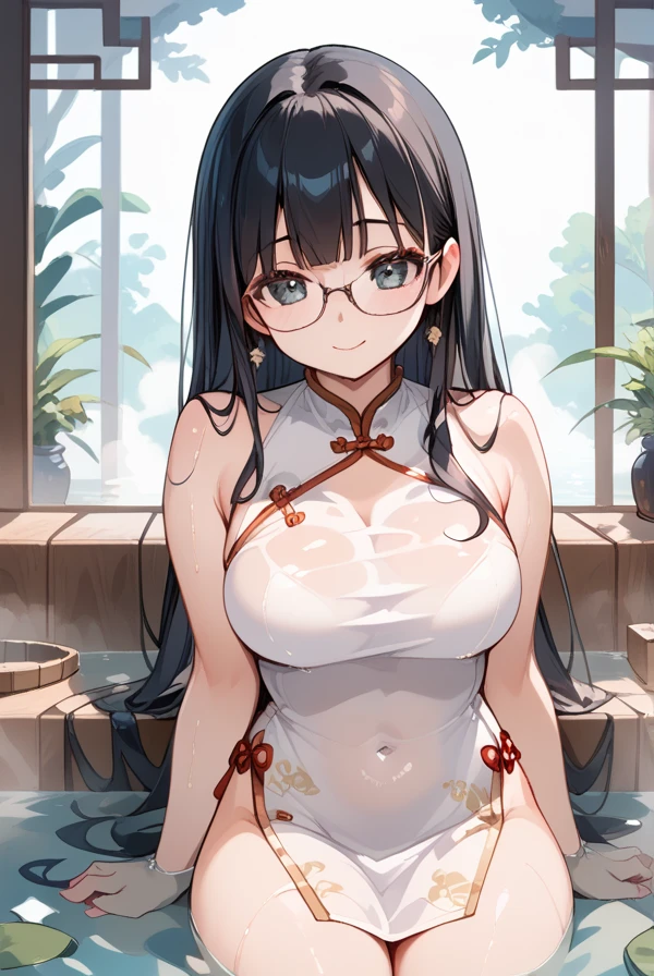 Black hair, long hair, glasses, beautiful eyes, cute, Chinese dress, soaking wet, shivering from the cold