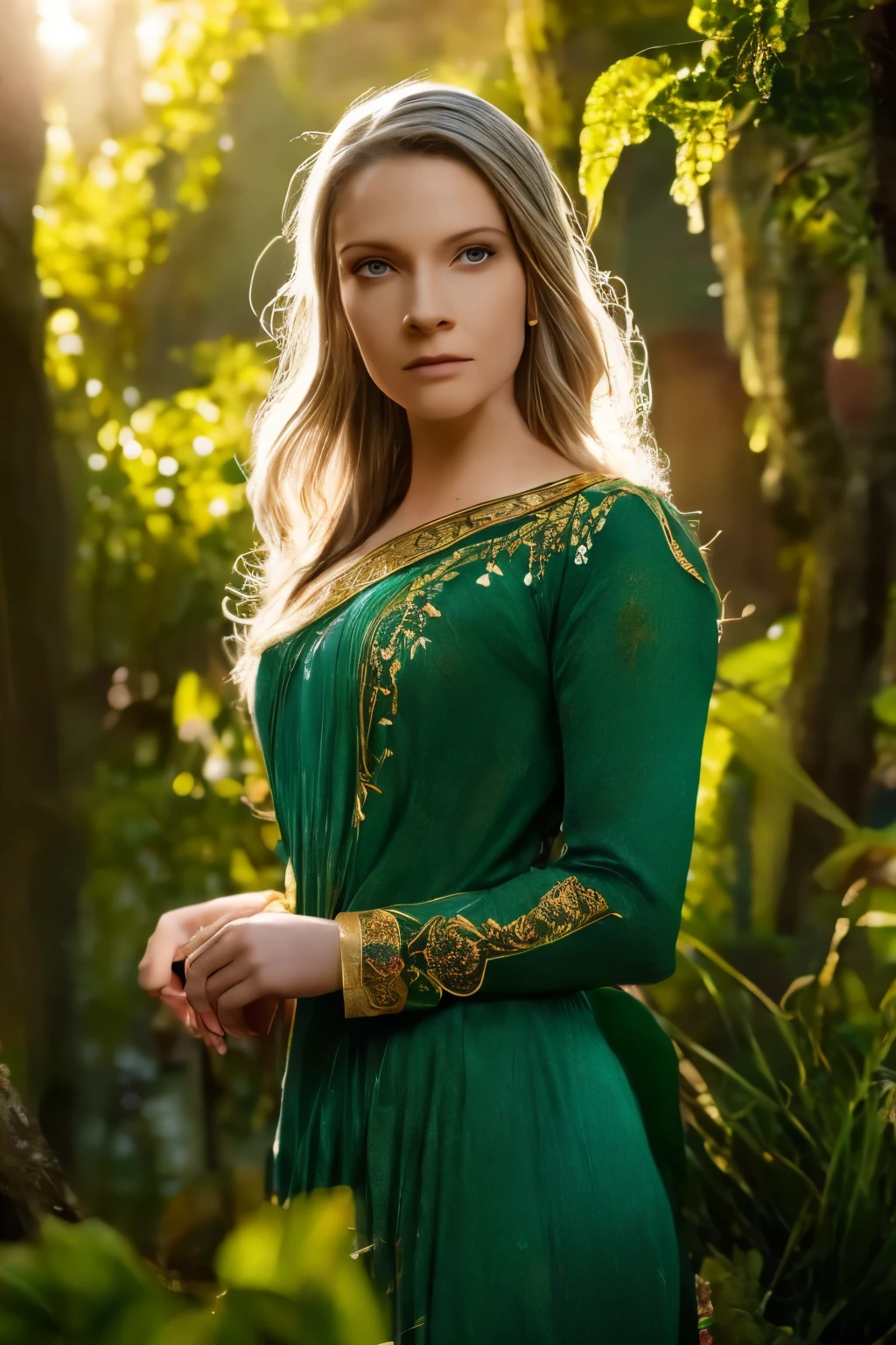 Galadriel, a radiant elven queen, standing gracefully in a magical elven forest bathed in soft, ethereal light. She is wearing a flowing green dress adorned with intricate golden embroidery, reminiscent of delicate vines and leaves, perfectly complementing the lush surroundings. Her long, silvery hair cascades over her shoulders, glowing softly in the dappled sunlight filtering through ancient, towering trees. The forest is alive with magical energy, featuring bioluminescent flowers, sparkling streams, and faint, glowing particles floating in the air. Her expression is serene and wise, her piercing eyes reflecting the timeless beauty and wisdom of the elves. The scene is infused with an otherworldly atmosphere, with fine details in the textures of her dress, the bark of the trees, and the vibrant flora. Photorealistic rendering, ultra-high-definition, with dramatic, yet soft lighting highlighting her elegance and the magical ambiance of the forest.