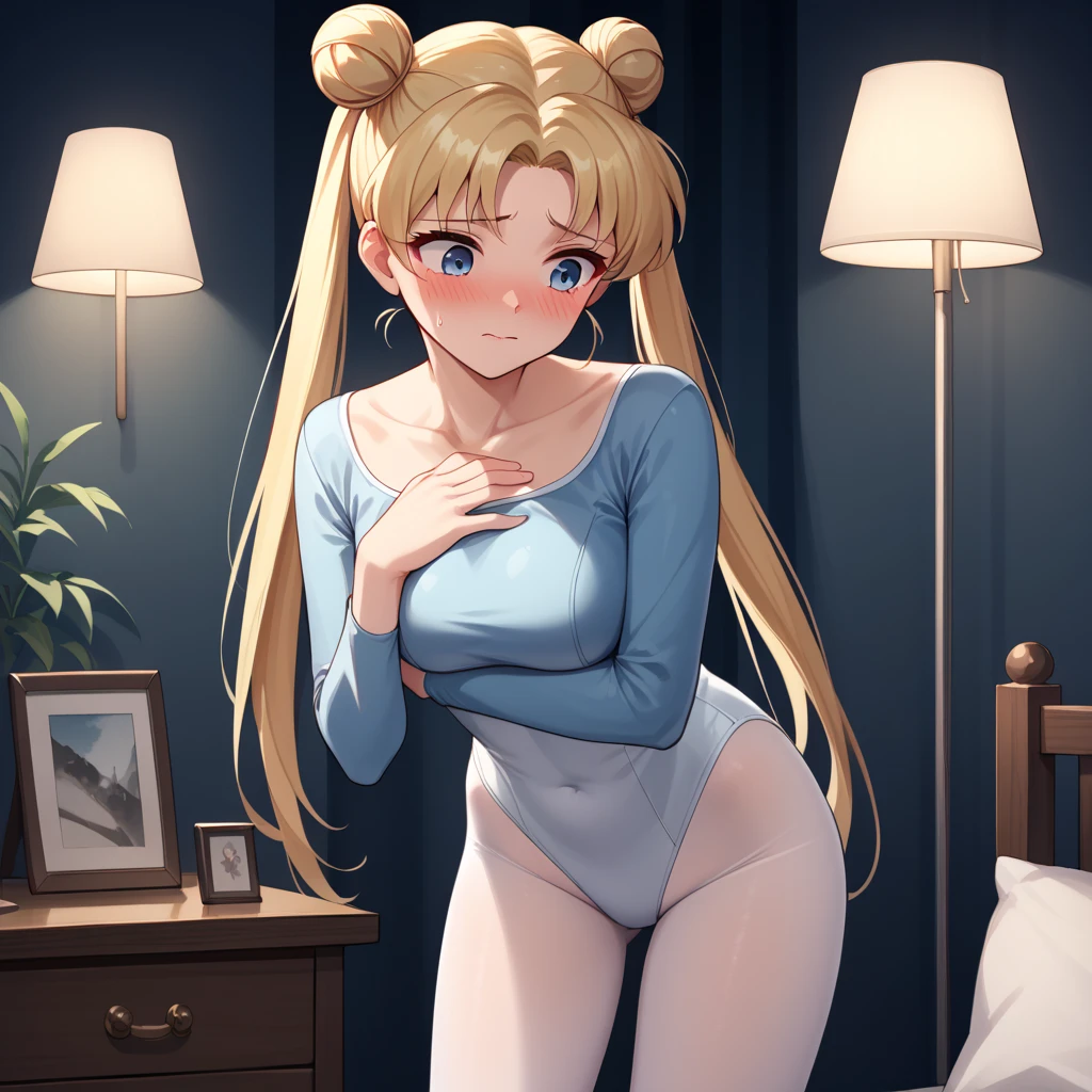 slrmn, blonde hair, twintails, double bun, parted bangs, 
skin tight, tight fit, long sleeve, simple white leotard, white pantyhose, (off neck), break,
score_9, score_8_up, score_7_up, dimly lit basement, lamp, break,
embarrassed, blush, fear, hand between legs, hand on own chest, standing , leaning forward, , , 