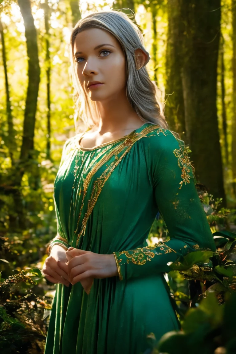 Galadriel, a radiant elven queen, standing gracefully in a magical elven forest bathed in soft, ethereal light. She is wearing a flowing green dress adorned with intricate golden embroidery, reminiscent of delicate vines and leaves, perfectly complementing the lush surroundings. Her long, silvery hair cascades over her shoulders, glowing softly in the dappled sunlight filtering through ancient, towering trees. The forest is alive with magical energy, featuring bioluminescent flowers, sparkling streams, and faint, glowing particles floating in the air. Her expression is serene and wise, her piercing eyes reflecting the timeless beauty and wisdom of the elves. The scene is infused with an otherworldly atmosphere, with fine details in the textures of her dress, the bark of the trees, and the vibrant flora. Photorealistic rendering, ultra-high-definition, with dramatic, yet soft lighting highlighting her elegance and the magical ambiance of the forest.