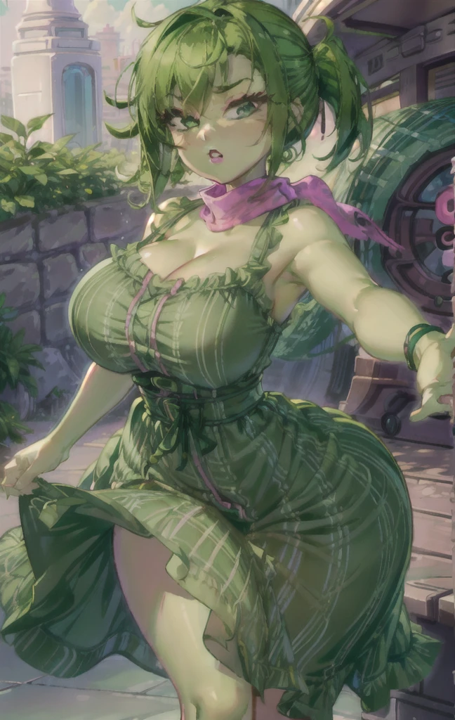 (best quality), (masterpiece), 1 girl, early 20's, huge heavy breasts, thick, thick lips, wide hips, thin waist, (Disgust_InsideOut, green hair, green skin, pink scarf, dark green dress, eyelashes, (disgust, )), pixar, cartoon, 3d render, opll, shortstack