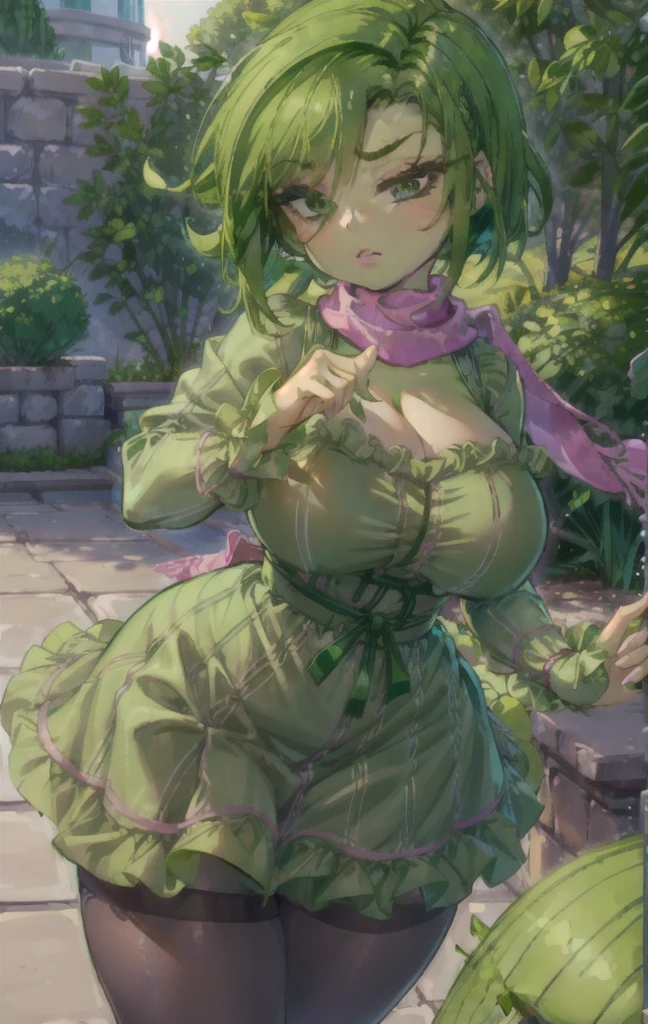 (best quality), (masterpiece), 1 girl, early 20's, huge heavy breasts, thick, thick lips, wide hips, thin waist, (Disgust_InsideOut, green hair, green skin, pink scarf, dark green dress, eyelashes, (disgust, )), pixar, cartoon, 3d render, opll, shortstack