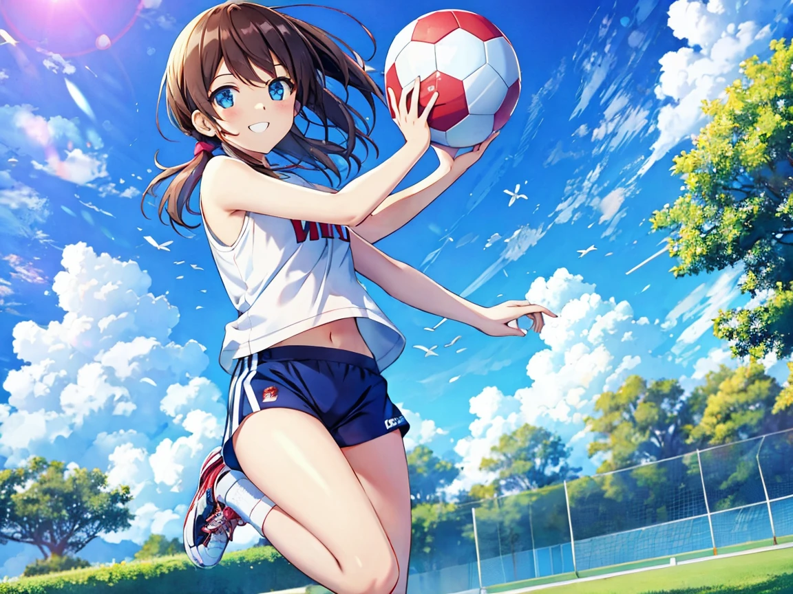 Summer Entrance Cloud、Kicking a soccer ball in a park under a bright blue sky