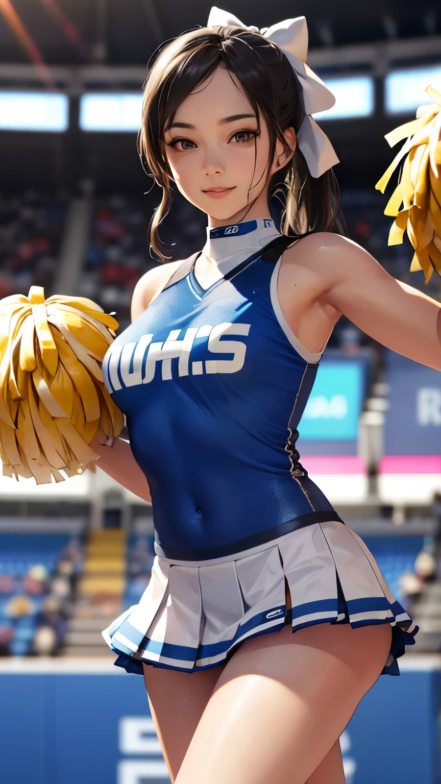 Highest Resolution,Highest quality,((Cheerleader holding a sports drink)),sunny,Tears and saliva dripping,Brown hair ponytail,Sweating profusely,whole body,Belly button,Abdominal muscles,Crying face,