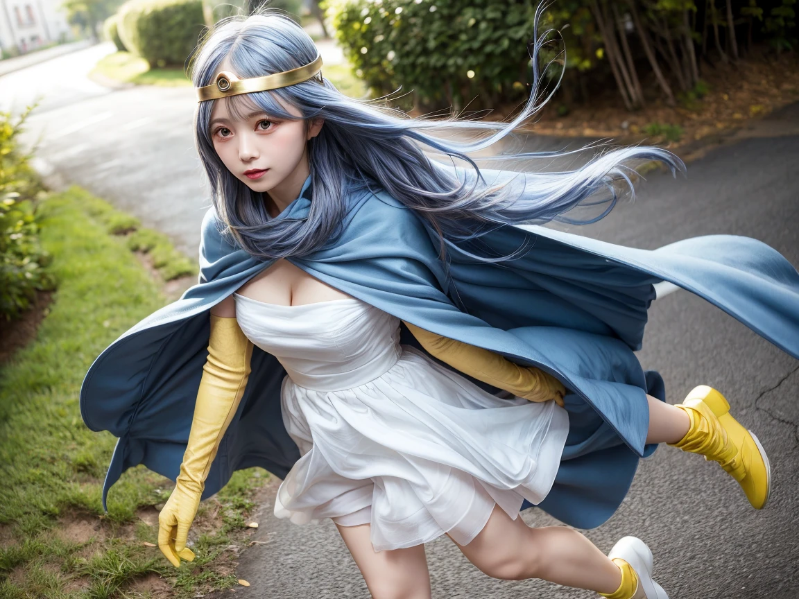  blue hair 、 long hair、Ahoge、 circlet 、 white dress、gloves、 Blue Cloak、Yellow footwear
