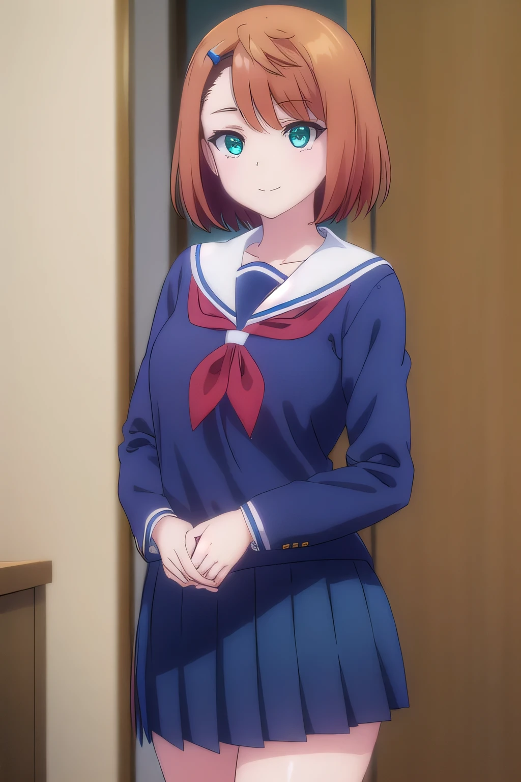 chisakimiyazaki, chisaki miyazaki, short hair, brown hair, hair ornament, (green eyes:1.3), hairclip, smile,
BREAK skirt, shirt, long sleeves, school uniform, pleated skirt, serafuku, socks, sailor collar, blue skirt, neckerchief, kneehighs, blue shirt, black socks, red neckerchief, white sailor collar, blue serafuku,
BREAK indoors, classroom,
BREAK looking at viewer, (cowboy shot:1.5),
BREAK (masterpiece:1.2), best quality, high resolution, unity 8k wallpaper, (illustration:0.8), (beautiful detailed eyes:1.6), extremely detailed face, perfect lighting, extremely detailed CG, (perfect hands, perfect anatomy),