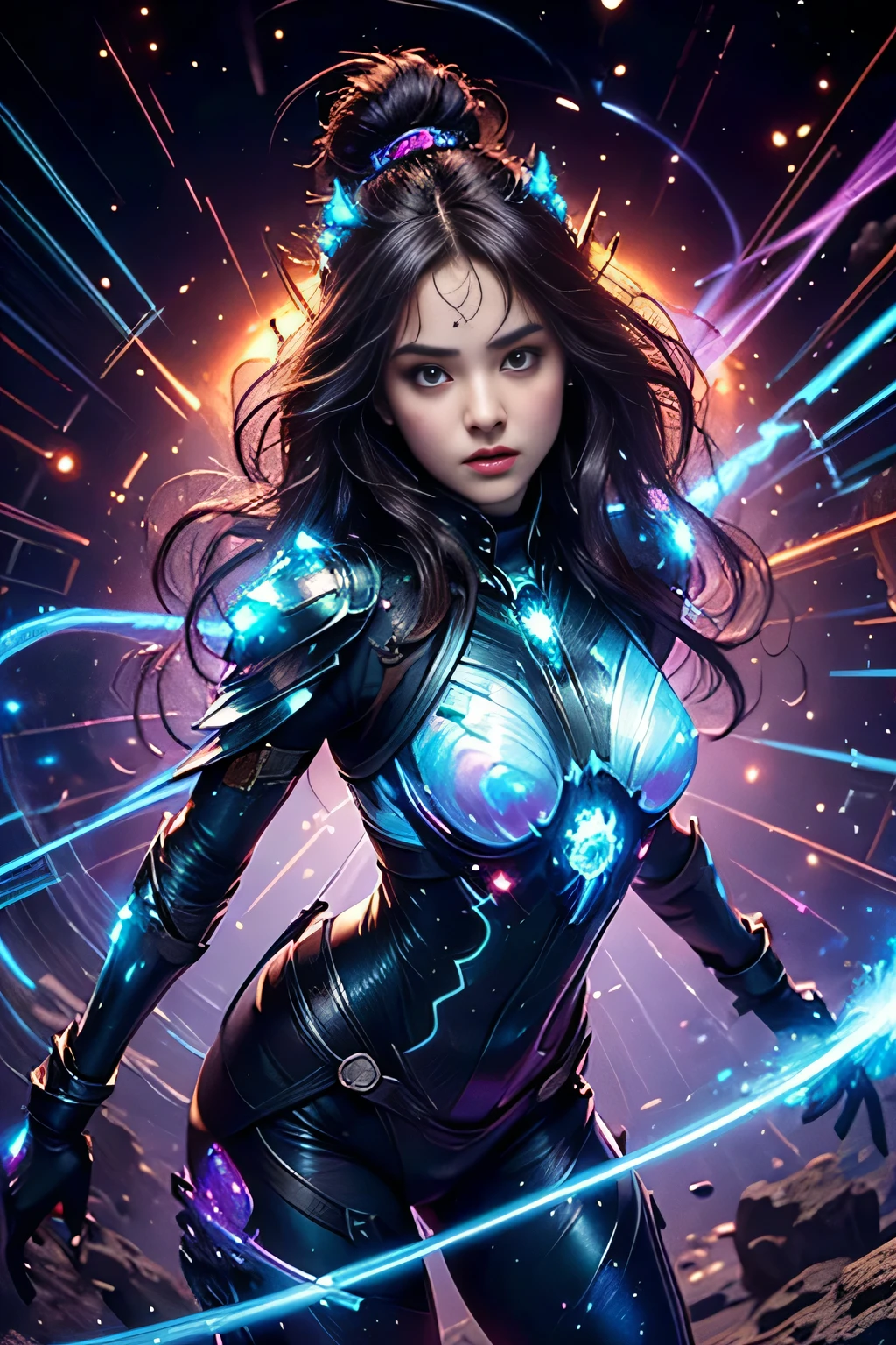 ((High Quality)), ((Detailed)), ((Fantasy)), Official Art, Unity 8k Wall, 8k Portrait, Best Quality, Ultra High Resolution, (Beautiful Italian  Girl), (Detailed iridescent bodysuit with beautiful fractal or marble design: 1.4), Female Space Defense Force warrior, Amazingly spectacular battle scene, Blue plasma brain, Green plasma body, Showing armpits, Beautiful breasts, (Tense and stiff facial expression), Photorealistic, (Amazingly beautiful natural background), (18 age),(sexy and attractive),(dynamic pose),(combat pose),beautiful and seductive face,portrait,(thick eyebrows),(big brown eyes),beautiful and symmetrical eyes,(ultra detailed eyes),(high resolution face and eyes),intimate face,(ultra detailed skin texture:1.2),pale skin,perfect anatomy,slender,(beautiful and toned body:1.3),hair detail,(moist skin:1.2),excellent anatomy,focused face,nice,(delicately made around the neck necklace), (bioluminescence gives off a vivid glow: 1.2), (glowing magic circle), ruins of an old castle, majestic glowing cloud mass and sky, lightning, spectacularly realistic, (blue-green and orange), (art station), cinematic, highly detailed, dramatic light, (intricate detail: 1.1), beautiful black hair, (wearing a jeweled gauntlet with intricate and very beautiful design), small chest, galaxy, (nebula: 1.3), dark knight, fully armored body focus,