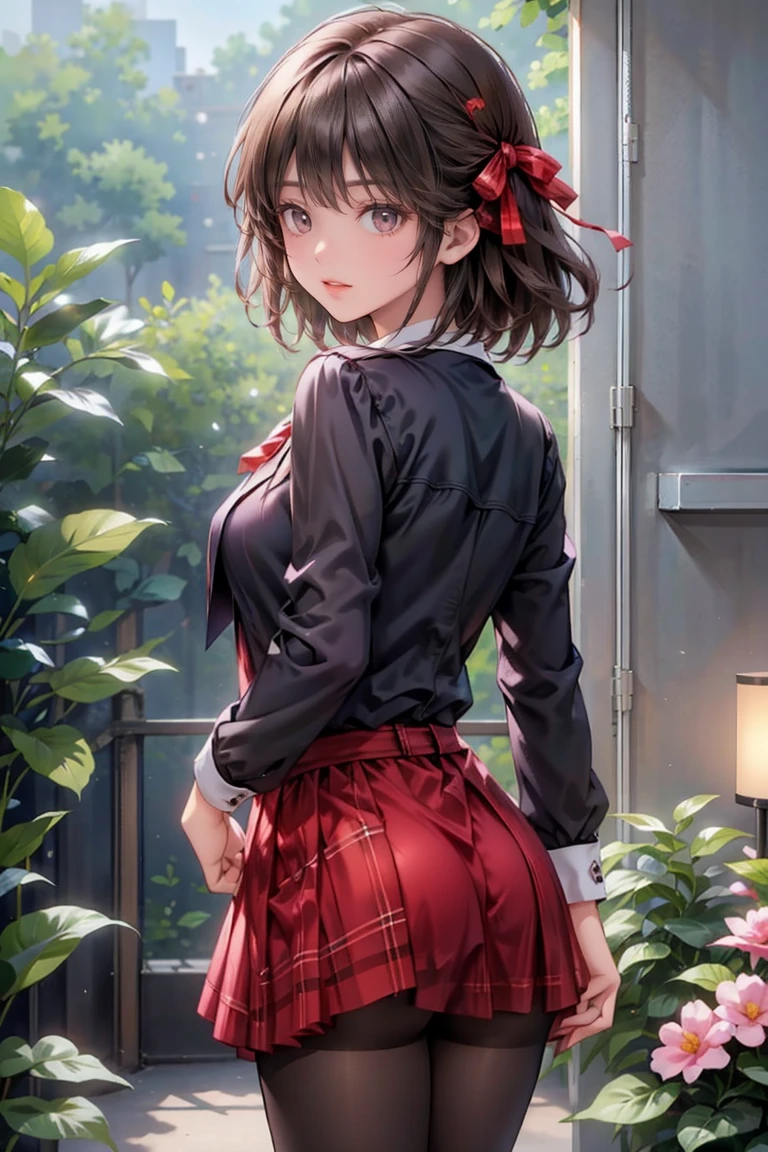 1girl, {{{5 head tall}}}, {{hdr}}, {{{masterpiece}}}, 4k, beautiful anime teen, {high resolution illustration}, {finely detailed beautiful eyes and detailed face}, (very detailed CG Unity 8k wallpaper), best quality, cinematic lighting, (photorealistic), Detailed, Ultra-Detailed, Digital Art, beautiful face, (bloom), detailed background, The girl has black short hair, ((brown eyes)), {{{formal school uniform; (red neck ribbon), (red plaid skirt), (black blazer), (see-through black pantyhose)}}}, gaming-room, gaming chair, smile, open mouth, playing game, computer, from behind 