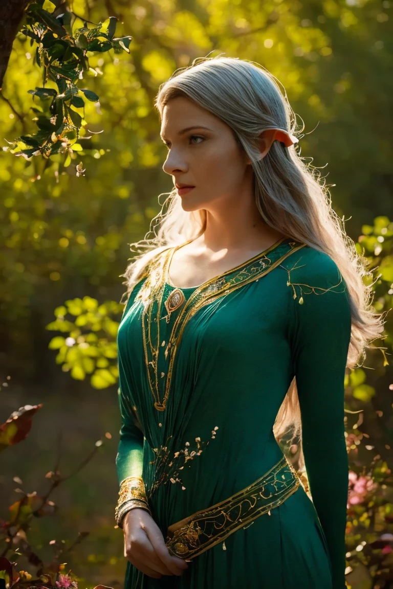 Galadriel, a radiant elven queen, standing gracefully in a magical elven forest bathed in soft, ethereal light. She is wearing a flowing green dress adorned with intricate golden embroidery, reminiscent of delicate vines and leaves, perfectly complementing the lush surroundings. Her long, silvery hair cascades over her shoulders, glowing softly in the dappled sunlight filtering through ancient, towering trees. The forest is alive with magical energy, featuring bioluminescent flowers, sparkling streams, and faint, glowing particles floating in the air. Her expression is serene and wise, her piercing eyes reflecting the timeless beauty and wisdom of the elves. The scene is infused with an otherworldly atmosphere, with fine details in the textures of her dress, the bark of the trees, and the vibrant flora. Photorealistic rendering, ultra-high-definition, with dramatic, yet soft lighting highlighting her elegance and the magical ambiance of the forest.