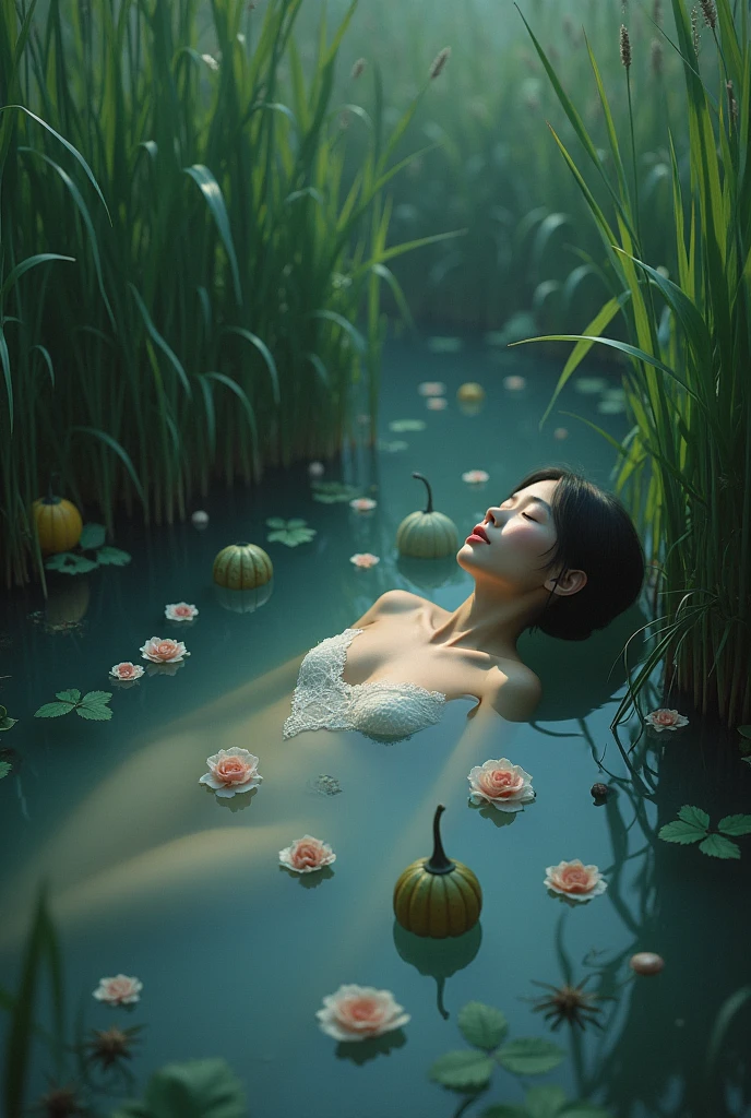 nude girl art, Full tattoo, (Masterpiece, Top quality, Best quality, Official art, Beautiful and aesthetic: 1.2), (1 flower), full body, Extremely detailed, (Fractal art: 1.3), Colorful, More detailed , “ Best Quality”, “Masterpiece, slight smile, open legs, view of pubic hair, 1 sexy girl in transparent forest clothes, exposed breasts, open transparent t-shirt, tattoos of mandalas and flowers, Best quality, black hair fused into the flow of water, naked girl, beautiful visible pubic area, small breasts visible, pond of water in the garden, tattoos of mandalas and flowers on the naked body, old floating clock, lamp, lantern, skin wet with water, ( (floating bed in pond)), ((beautiful girl lying in bed)), fantasy, view from above, legs open, crystal clear water showing stone bottom, (((girl sleeping in bed, floating bed in pond water))), lotus flower, lotus flowers, realistic oil painting, visible pencil drawing strokes, closed eyes with long eyelashes, magical princess dream, night light with lamps, wlop artistic style,