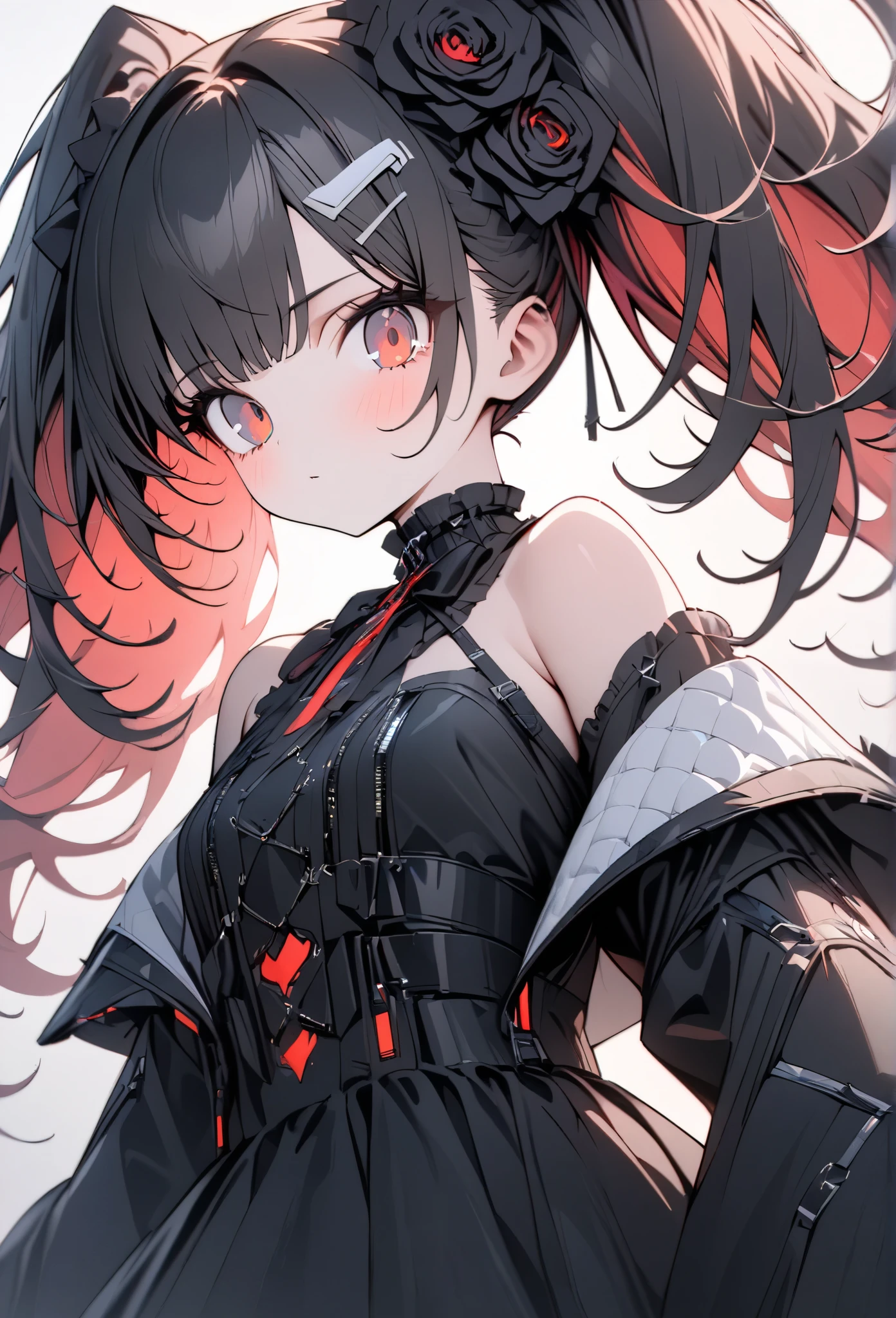 Beautiful girl with long red twin tails , red eyes, wearing a gorgeous black and white gothic ta dress in a cyberpunk style, with many visible mechanisms and Red Neon lights shining from the clothes, against a pure white background with many Black Rose, enchantmentなポーズで, 1 girl , robot style black and white barrette , ( top quality,4K,8k, high definition , Masterpiece :1.2), ultra detail, cyberpunk , gothic loli complex details,Gorgeous, dramatic lighting, details,mechanical,Red Neon,Black Rose, high fashion, elegant , enchantment,captivating