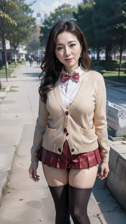 full body shot, from below,  japanese mature, 68 years old,  detailed face , smile, Facial wrinkles, Wrinkles around the eyes,  Detailed Skin Textures ,  white skin,  heavy makeup,  long hair, (curvy body:1.3), (earrings, red bowtie,brown cardigan,red skirt,pleated skirt,micro miniskirt,black thighhighs:1.2), (Wearing high heels:1.2), ( full body shot from toe to head wearing black high heels,  standing in the park:1.2), ( surrealism, best quality, ultra detailed, absolutely resolution, 8k, anatomically correct), depth of field, looking at viewer,  detailed face 