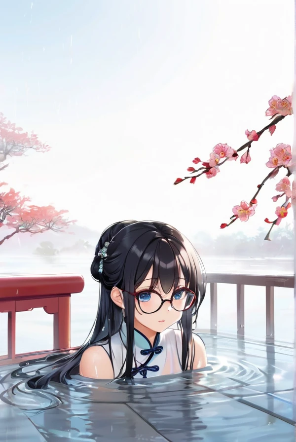 Black hair, long hair, glasses, beautiful eyes, cute, Chinese dress, soaking wet, shivering from the cold