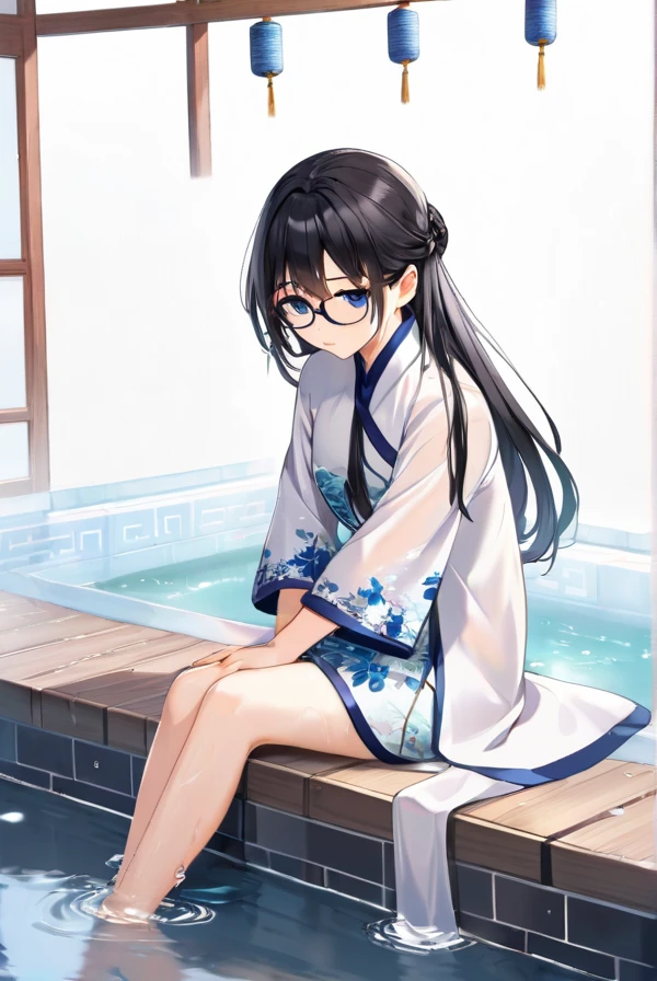 Black hair, long hair, glasses, beautiful eyes, cute, Chinese dress, soaking wet, shivering from the cold