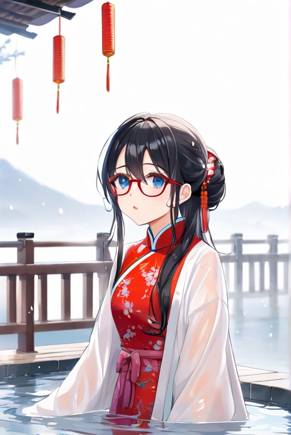 Black hair, long hair, glasses, beautiful eyes, cute, Chinese dress, soaking wet, shivering from the cold