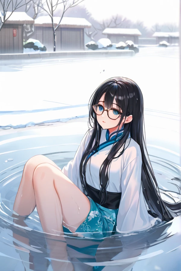 Black hair, long hair, glasses, beautiful eyes, cute, Chinese dress, soaking wet, shivering from the cold