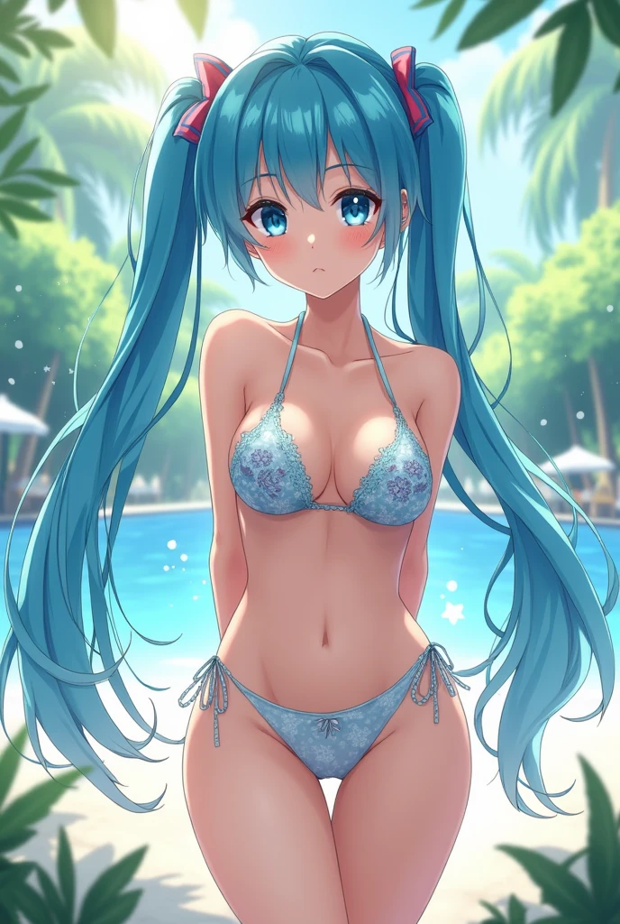 lighting like a movie、top-quality、Girl with Ecstasy Face、Stand with inner thighs、Light blue bikini、Wearing sweat、full of sweat、school classrooms、Twin-tailed、