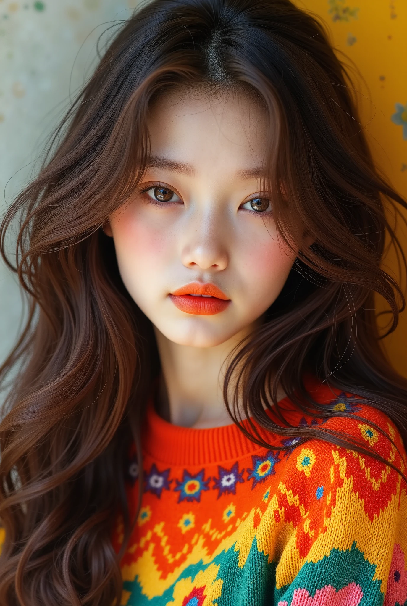 Girl, long brown hair, brown eyes, sharp features, white skin, bright orange lips, perfect, wearing a colorful sweater.