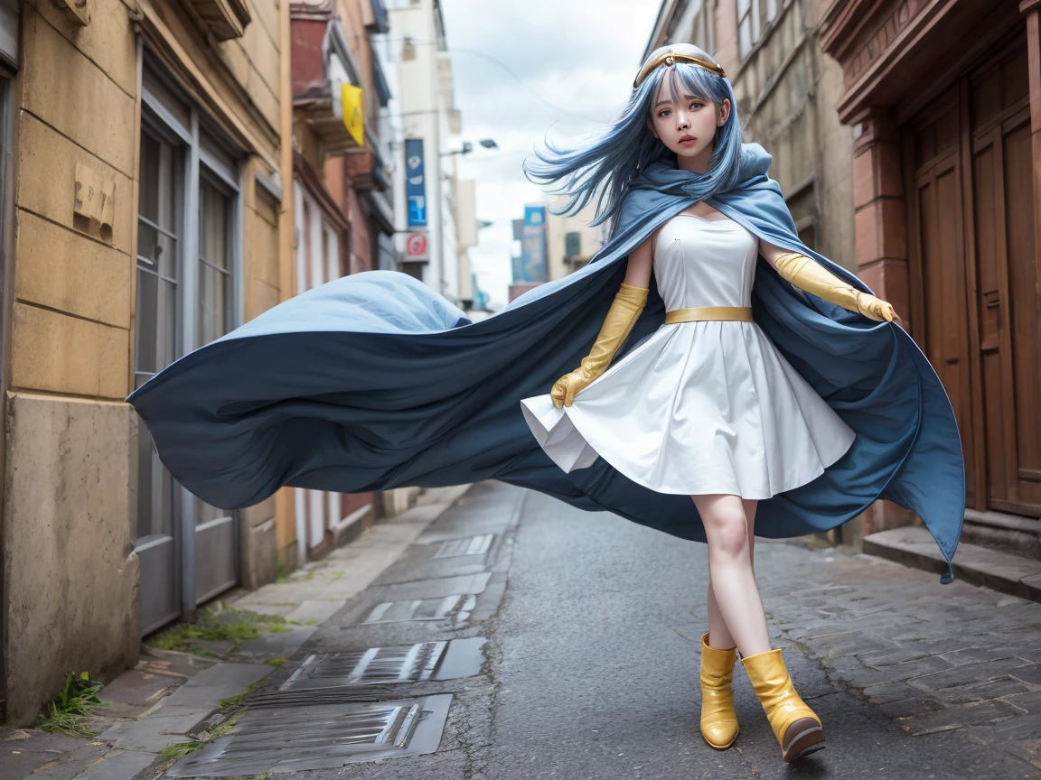  blue hair 、 long hair、Ahoge、 circlet 、 white dress、gloves、 Blue Cloak、Yellow footwear
