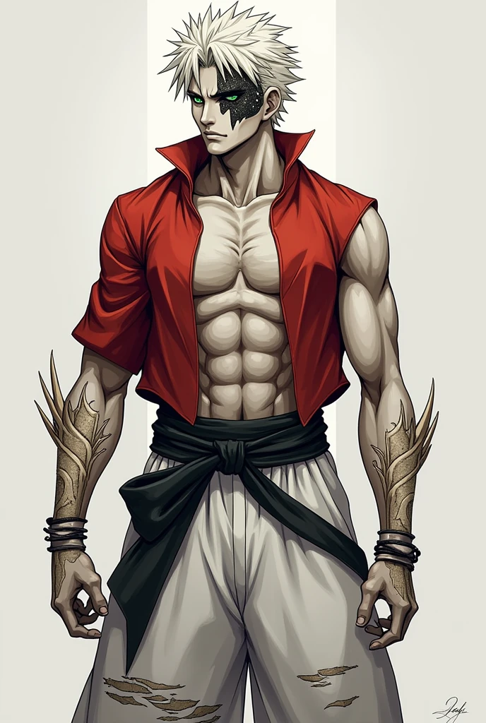 (best quality, masterpiece), ghoul, shirtless, pants, dark tan skin, blade arms, red eyes, vicious, desert background