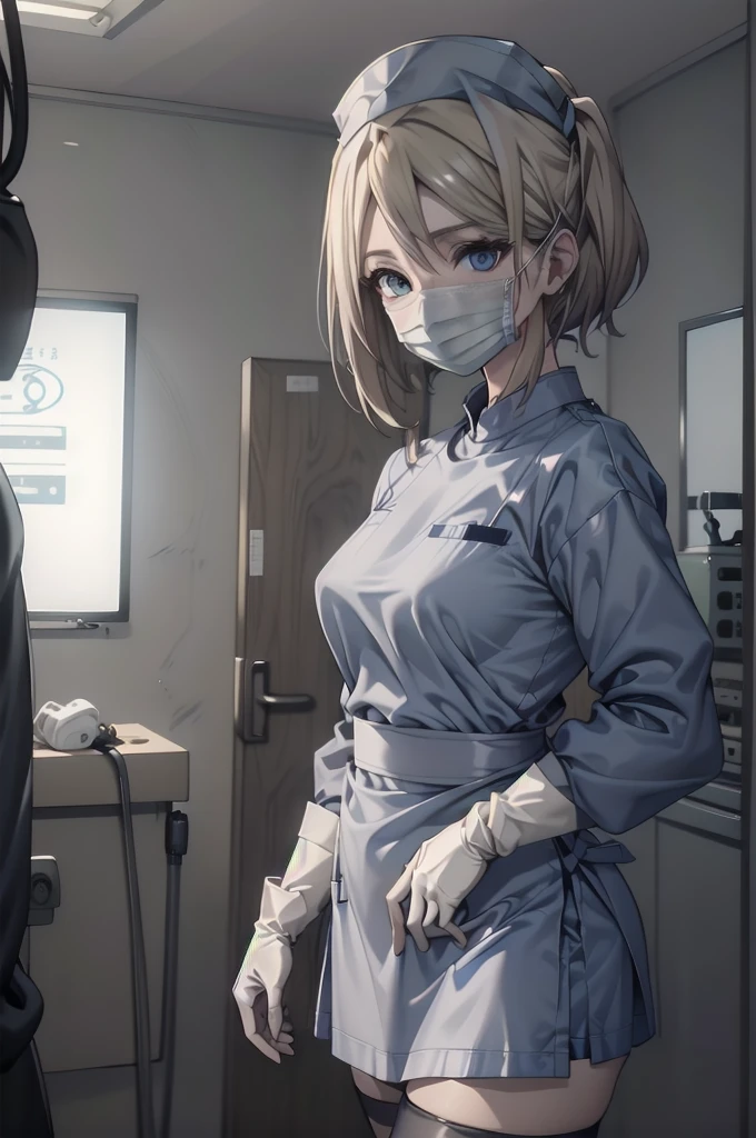 black nurse, 1woman, solo, black nurse cap, black wear, ((black legwear, zettai ryouiki)), black elbow gloves, blonde hair, blue eyes, ((black surgical mask, covered nose)), standing, ((surgery room)), sharp outline, short sleeves, mature female, 35 years old, best quality, masterpieceУши животных, Уши кошки, 