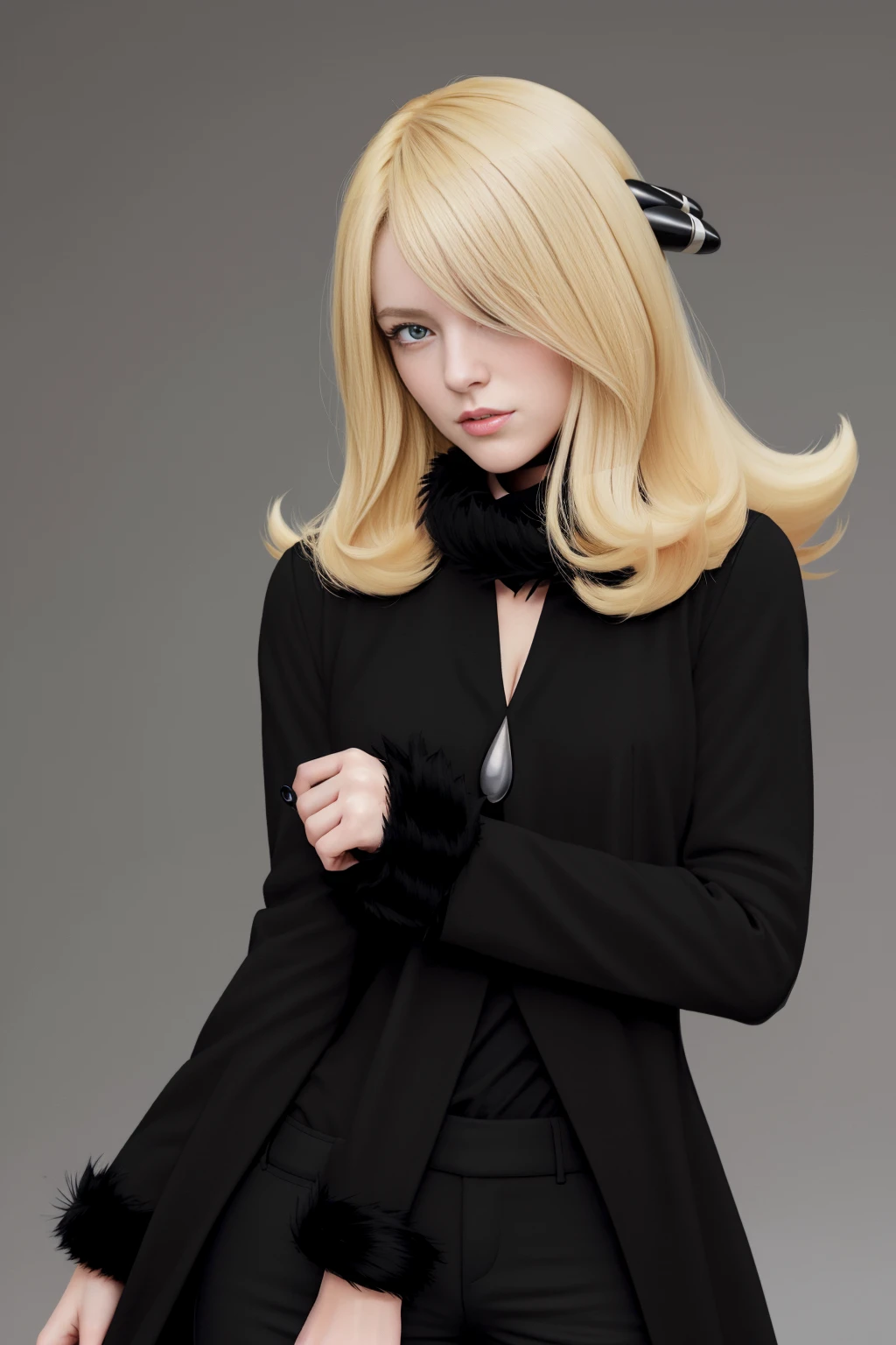 (  Masterpiece  ), ( top quality)
Blake Cynthia \( Pokemon\), Collared Fur ,  black coat ,  fur coat ,  black shirt ,  black pants,  viewers,  blonde alone,   upper body shot , simple background, japanese girl 