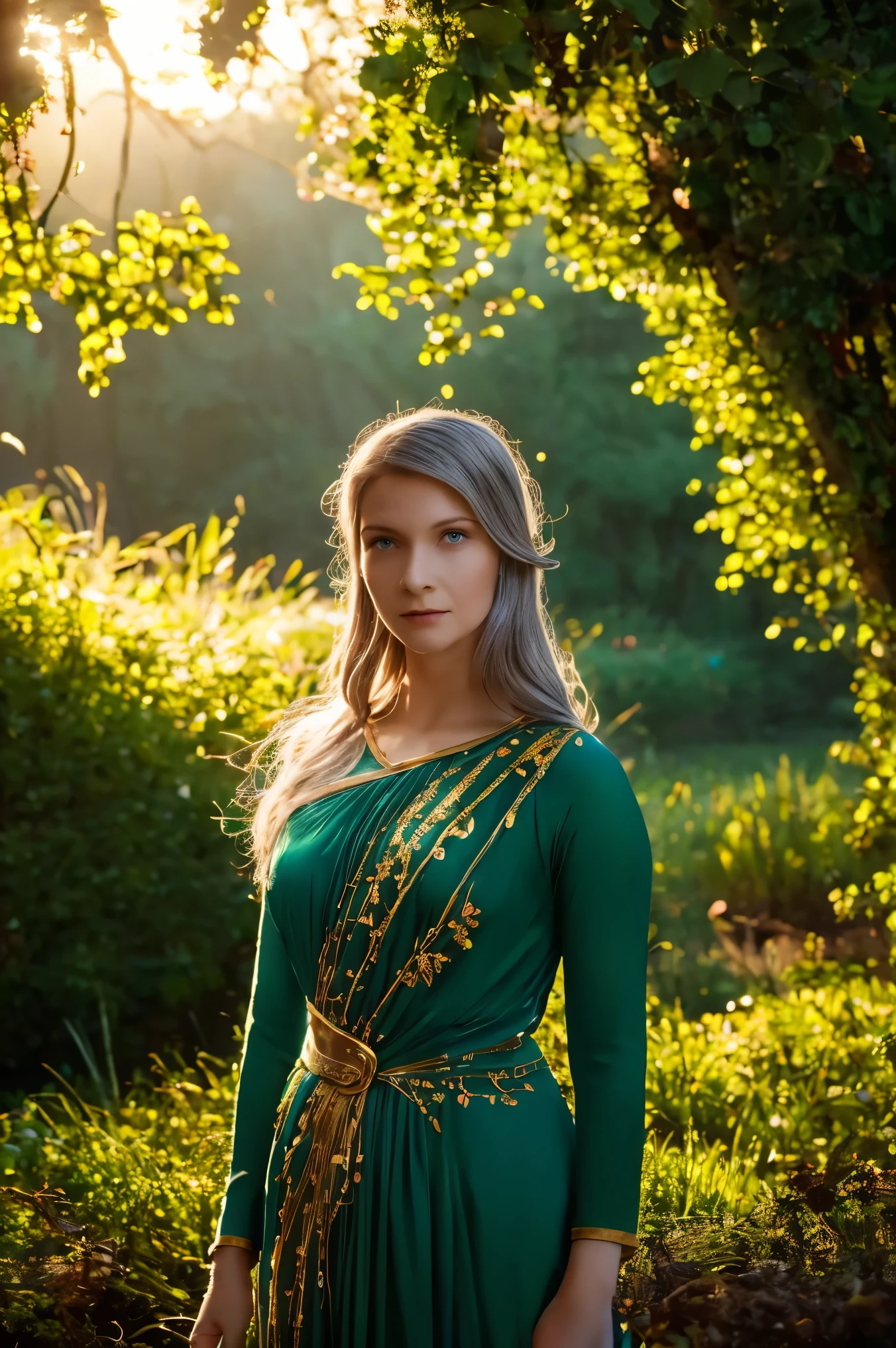 Galadriel, a radiant elven queen, standing gracefully in a magical elven forest bathed in soft, ethereal light. She is wearing a flowing green dress adorned with intricate golden embroidery, reminiscent of delicate vines and leaves, perfectly complementing the lush surroundings. Her long, silvery hair cascades over her shoulders, glowing softly in the dappled sunlight filtering through ancient, towering trees. The forest is alive with magical energy, featuring bioluminescent flowers, sparkling streams, and faint, glowing particles floating in the air. Her expression is serene and wise, her piercing eyes reflecting the timeless beauty and wisdom of the elves. The scene is infused with an otherworldly atmosphere, with fine details in the textures of her dress, the bark of the trees, and the vibrant flora. Photorealistic rendering, ultra-high-definition, with dramatic, yet soft lighting highlighting her elegance and the magical ambiance of the forest.