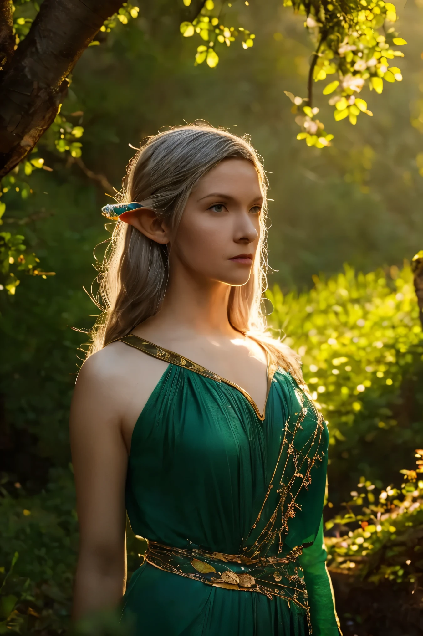 Galadriel, a radiant elven queen, standing gracefully in a magical elven forest bathed in soft, ethereal light. She is wearing a flowing green dress adorned with intricate golden embroidery, reminiscent of delicate vines and leaves, perfectly complementing the lush surroundings. Her long, silvery hair cascades over her shoulders, glowing softly in the dappled sunlight filtering through ancient, towering trees. The forest is alive with magical energy, featuring bioluminescent flowers, sparkling streams, and faint, glowing particles floating in the air. Her expression is serene and wise, her piercing eyes reflecting the timeless beauty and wisdom of the elves. The scene is infused with an otherworldly atmosphere, with fine details in the textures of her dress, the bark of the trees, and the vibrant flora. Photorealistic rendering, ultra-high-definition, with dramatic, yet soft lighting highlighting her elegance and the magical ambiance of the forest.