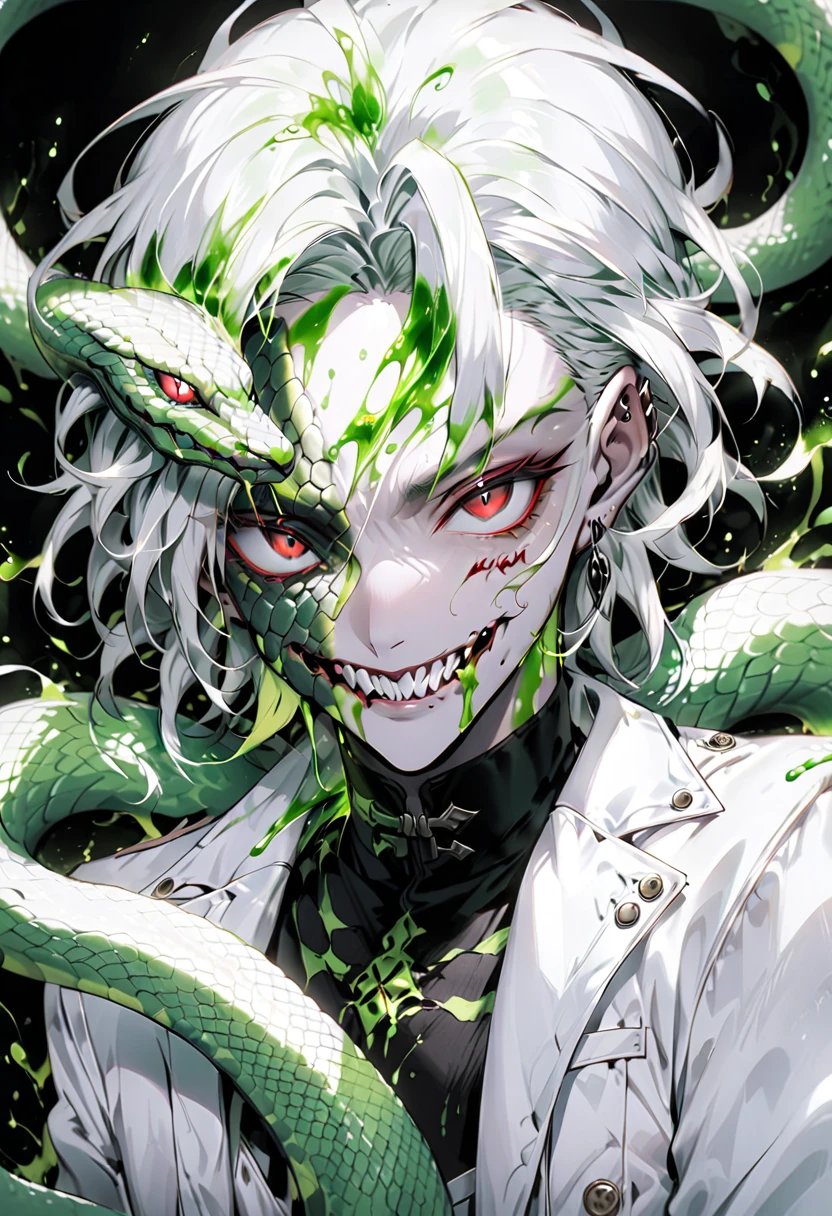 Generate an anime-style illustration of a age male character with the appearance of a Gorgon. He should have pale skin, sharp facial features, and a monstrous look, with green scales covering parts of his face and body. His hair should be made entirely of slender, elegant white snakes with subtle green highlights, all oozing a green liquid aura. The snakes should have piercing red eyes. The character should be wearing a white trench coat hoodie with accents of green, creating a harmonious green and white color theme. He should have a sinister grin on his face. Please ensure that the overall aesthetic remains true to traditional anime art style