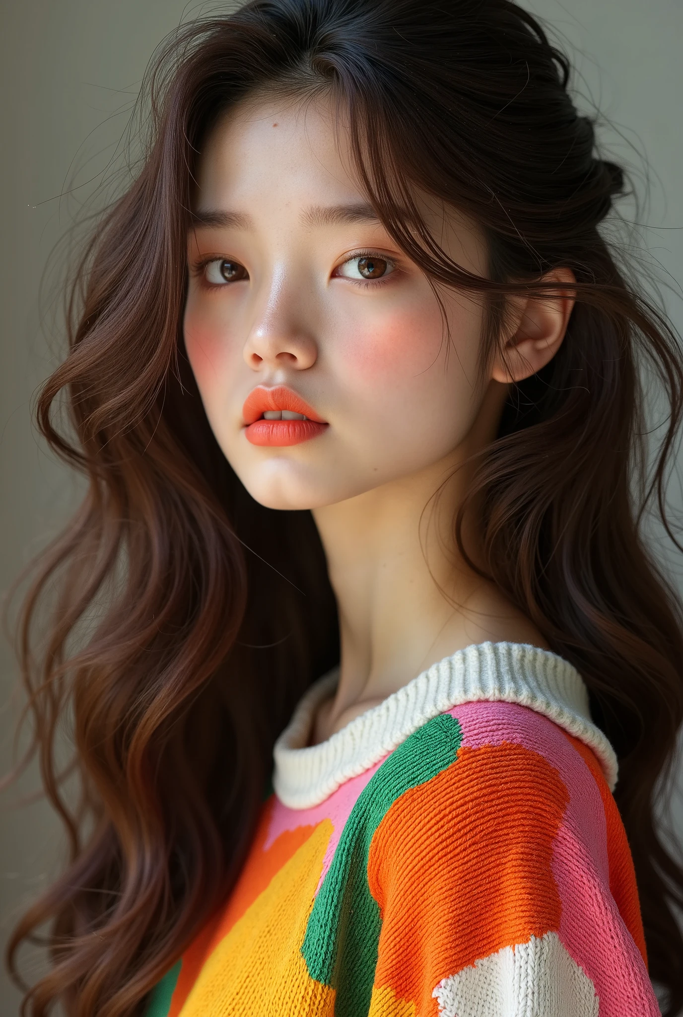 Girl, long brown hair, brown eyes, sharp features, white skin, bright orange lips, perfect, wearing a colorful sweater.