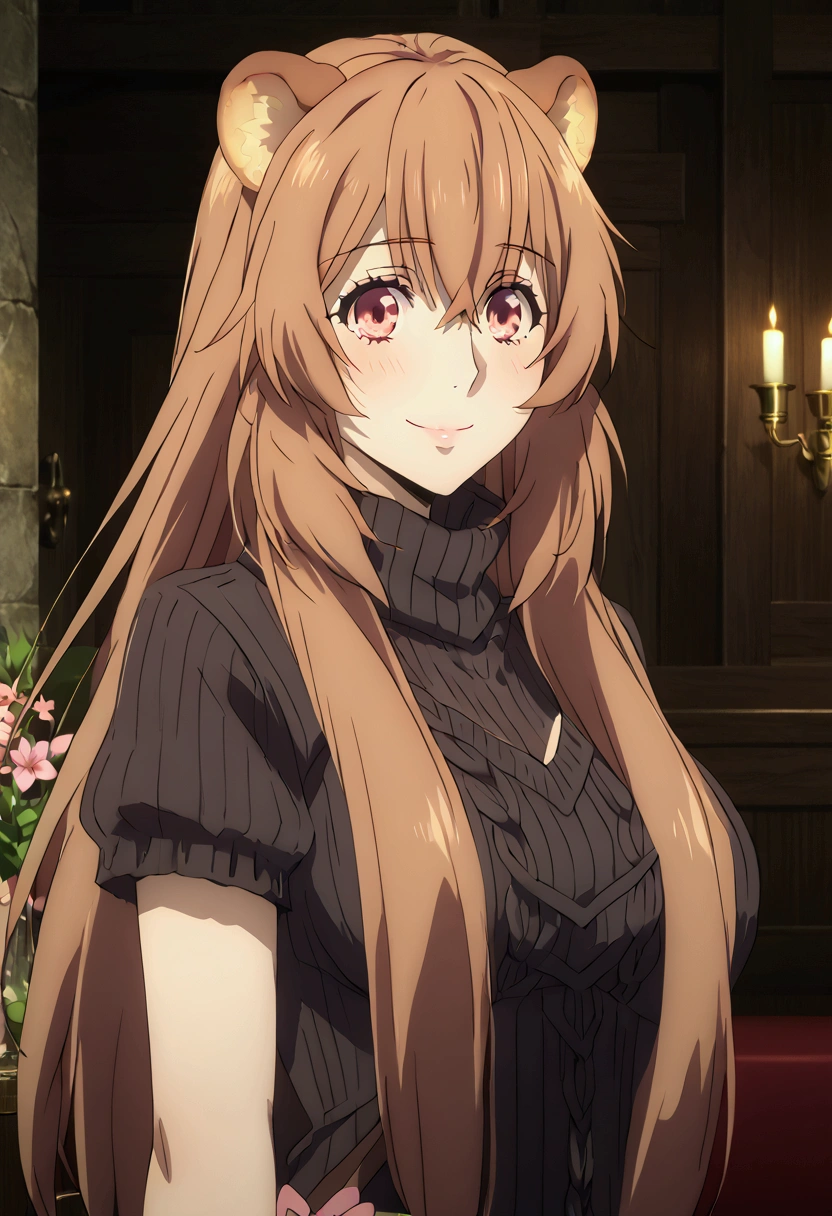 raphtalia.  attractive 28-year-old woman with clear and detailed skin. .  bright red eyes. bear ears ,  Very large breasts . blush,  beautiful face. happy smile,, pink flower belt , Bust focus on her breasts .  full body, Virgin Destroyer Sweater 