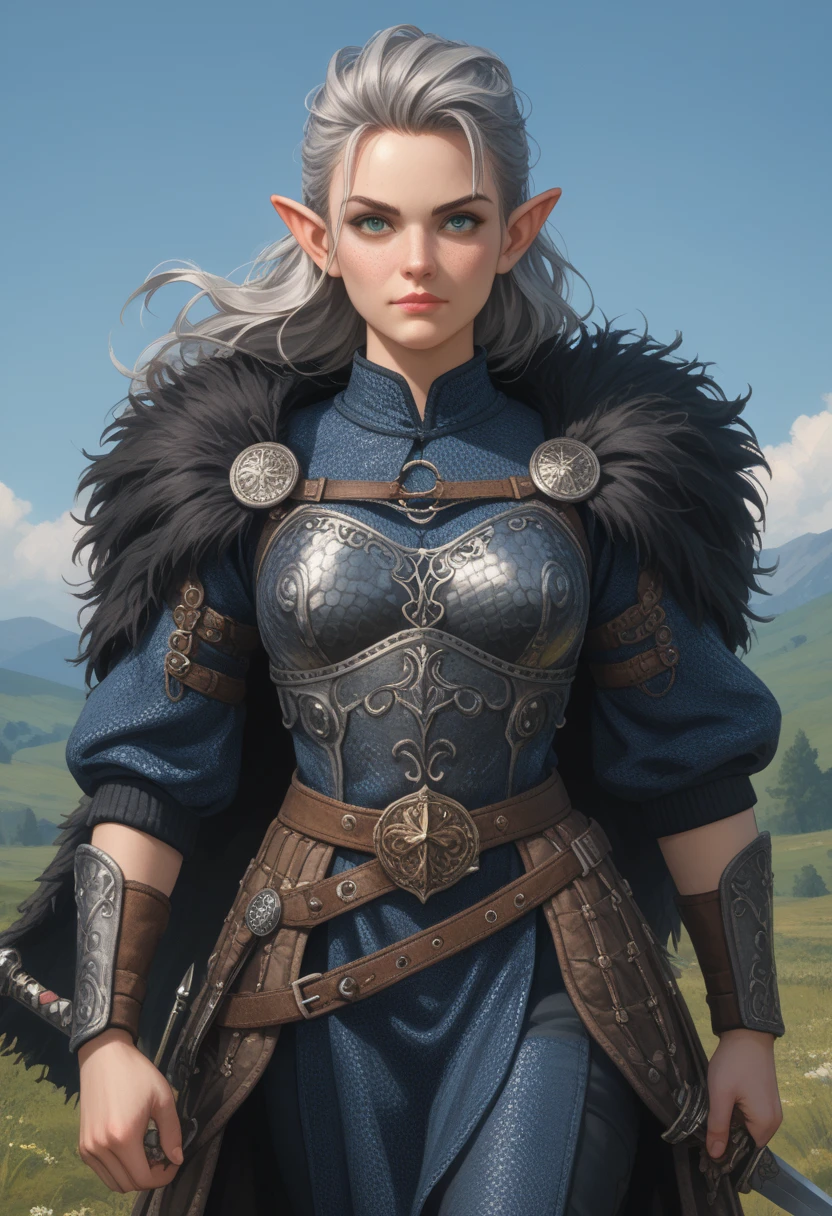 score_9, score_8_up, score_7_up, woman, green eyes, gorgeous, elf, fur outfit, black viking outfit, pale skin, solo, dark blue heavy armour, dark blue medieval armour, dark blue chainmail, mythril armour, elven ornaments, fur cloak, standing up straight, calm face, runic tattoos, silver hair, closed mouth, cowboy shot woman fighting, strong, wearing a sword , warrior, hair in the wind, big boobs, laufen, elf ears, long hair