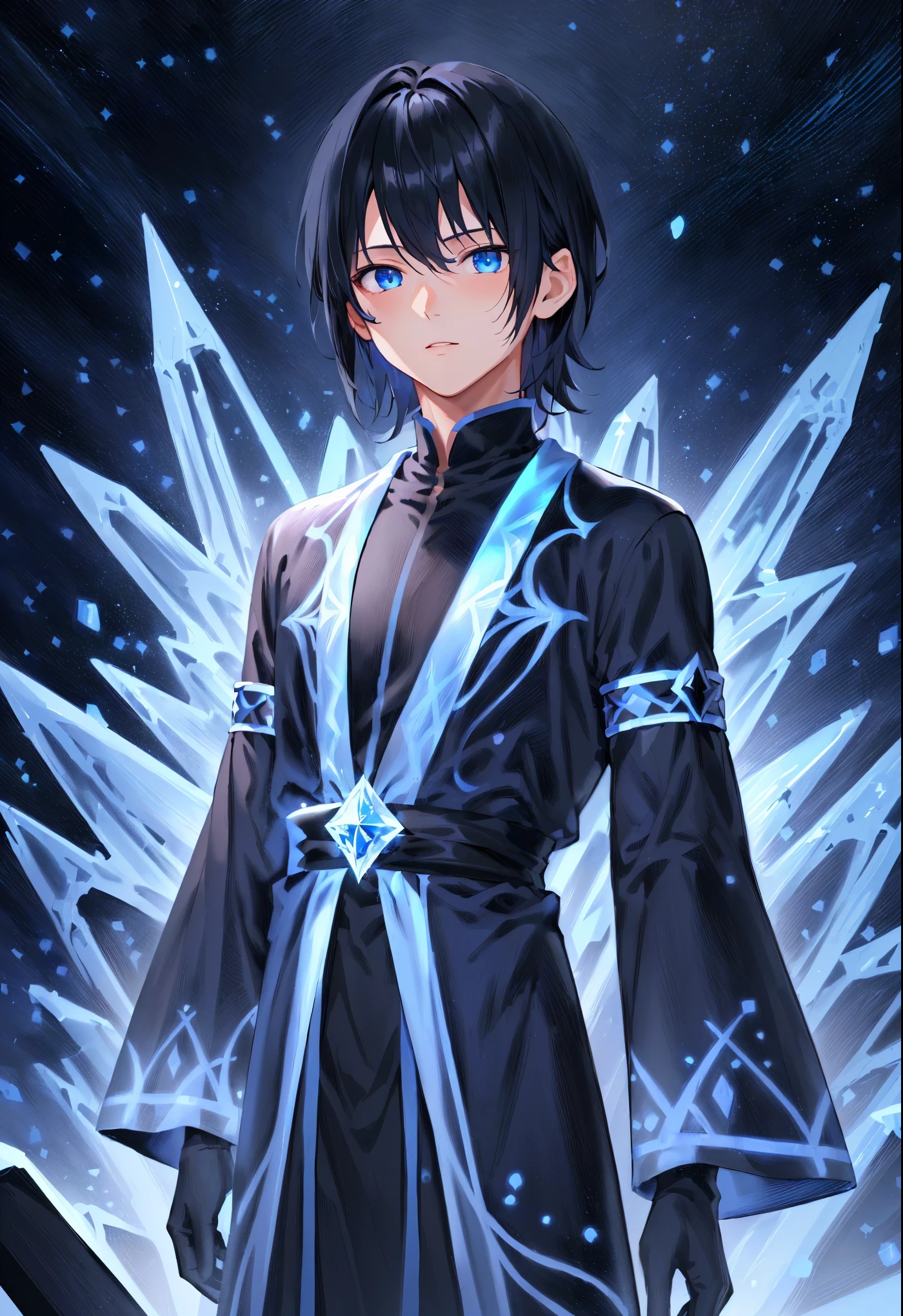 masterpiece, best quality, highres, absurdres, 4k resolution, official art, source_anime, waist up, noctis, expressive eyes, male, youthful, late teens, teenager, young, pretty, looking at viewer, black hair, night hair, medium hair, flat hair, straight hair, long sidelines, icy blue eyes, fair skin, midnight blue robe, tight robe, half robe, black undershirt, threads, armlets, wide sleeves, black gloves, ice theme, silver decoration, ice element, diamond particles, star sky background, night sky, exterior,