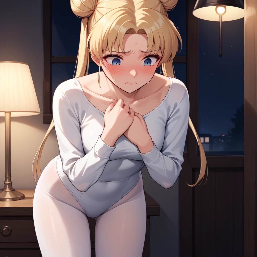 slrmn, blonde hair, twintails, double bun, parted bangs, 
skin tight, tight fit, long sleeve, simple white leotard, white pantyhose, (off neck), break,
score_9, score_8_up, score_7_up, dimly lit basement, lamp, break,
embarrassed, blush, fear, hand between legs, hand on own chest, standing , leaning forward, , , 