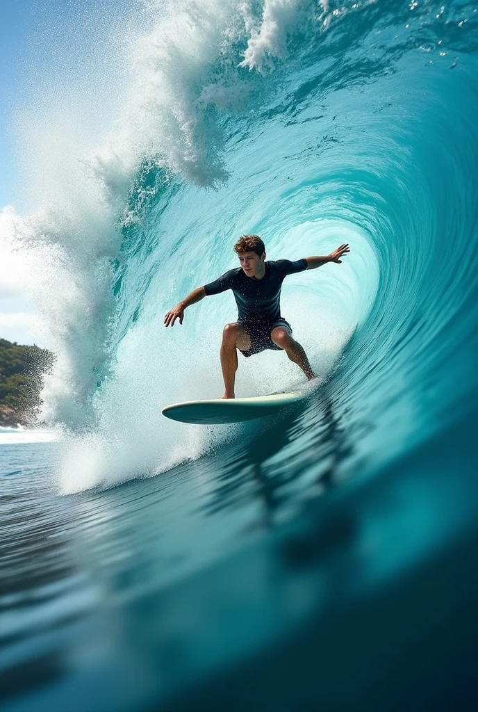 "An ultra realistic surfer, focusing on the face, very sharply captured in a cinematic moment, sliding on a big wave. The image has a subtle camera blur that gives a sense of movement and dynamism. The sky is a vibrant blue, with rays of light passing through the clouds and reflecting on the water, creating a dazzling effect. The scene is full of energy, with the surfer at the center of the action, in perfect harmony with the power of the ocean."



