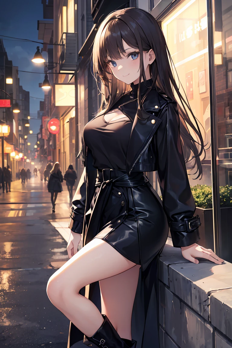 (((Best quality, 8k, Masterpiece: 1.3)), ((best quality)), ((masterpiece)), (detailed), perfect face, perfect body, (detailed skin:1.3), (intricate details), A fashionable woman wearing a sleek black leather coat, radiating elegance. Her long, glossy hair cascades down to her waist, and she wears a warm, confident smile. She pairs her outfit with a beige skirt and stylish boots, showcasing impeccable style. The background is a softly lit urban street, adding a modern yet cozy atmosphere to the scene.