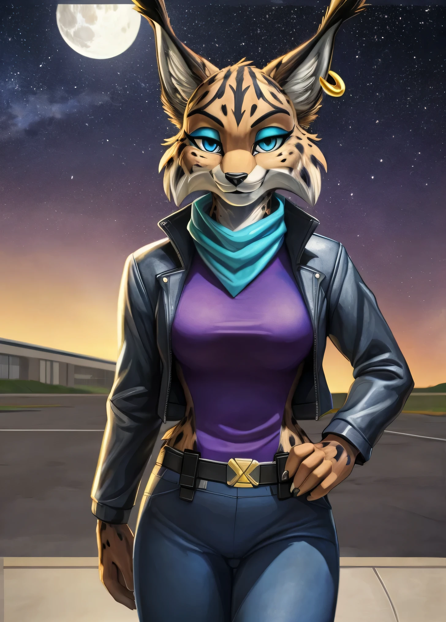 [MiyuCzar], [Starfox 2], [Uploaded to e621.net; (mayosplash), (Pixelsketcher), (wamudraws)], [Uploaded to twitter.com; (@senip)], ((masterpiece)), ((HD)), ((high quality)), ((solo portrait)) ((front view)), ((furry; anthro lynx)), ((detailed fur)), ((detailed shading)), ((beautiful render art)), ((cel shading)), {(female anthro lynx), (slim figure), (brown fur black stripes, black nose, (long pointed lynx ears), (gold earring on LEFT ear), (dark blue eyes), (half-closed eyes), (indigo eyeshadow), (smug grin)}, {(silver leather jacket), (turquoise scarf), (purple shirt), (tight purple pants), (utility belt with gold triangle belt buckle), (grey combat boots)}, {(standing on concrete), (hand on head)}, [background; (air force base), (jet runway), (starry sky), (full moon)]