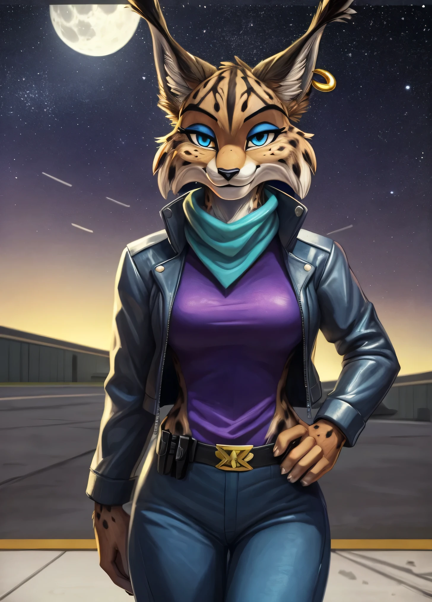 [MiyuCzar], [Starfox 2], [Uploaded to e621.net; (mayosplash), (Pixelsketcher), (wamudraws)], [Uploaded to twitter.com; (@senip)], ((masterpiece)), ((HD)), ((high quality)), ((solo portrait)) ((front view)), ((furry; anthro lynx)), ((detailed fur)), ((detailed shading)), ((beautiful render art)), ((cel shading)), {(female anthro lynx), (slim figure), (brown fur black stripes, black nose, (long pointed lynx ears), (gold earring on LEFT ear), (dark blue eyes), (half-closed eyes), (indigo eyeshadow), (smug grin)}, {(silver leather jacket), (turquoise scarf), (purple shirt), (tight purple pants), (utility belt with gold triangle belt buckle), (grey combat boots)}, {(standing on concrete), (hand on head)}, [background; (air force base), (jet runway), (starry sky), (full moon)]