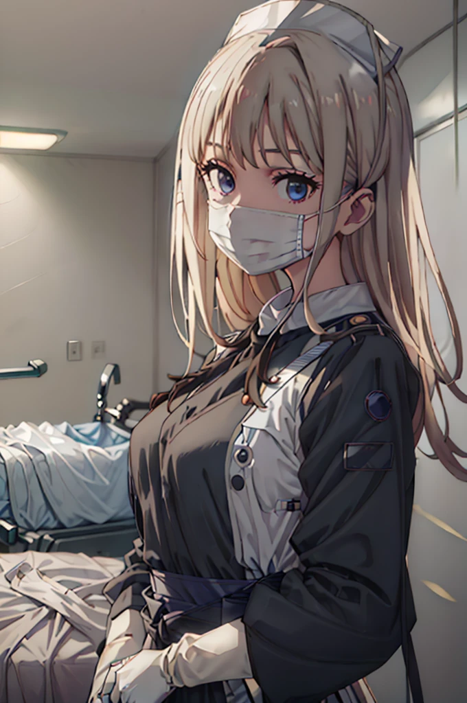 black nurse, 1woman, solo, black nurse cap, black wear, ((black legwear, zettai ryouiki)), black elbow gloves, blonde hair, blue eyes, ((black surgical mask, covered nose)), standing, ((surgery room)), sharp outline, short sleeves, mature female, 35 years old, best quality, masterpieceУши животных, Уши кошки, 