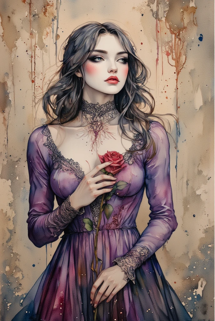 Ink and watercolor illustration on parchment. In the midst of a fantasy realm, in the style of Albrecht Durer, a (mysterious (female (vampire))), holding a red rose. lacy gothic aesthetic. contemplative.  purple and black. 