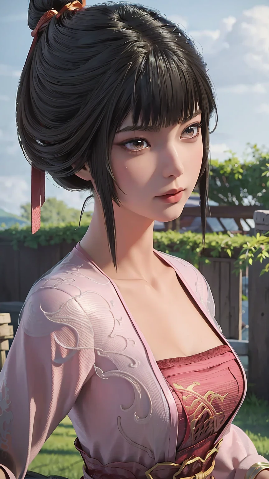 yor, Mature female,  bangs, side locks, Red eyes, Black hair, hair adornments，sportrait, (face:1.2), schoolgirls, ssmile,bare shoulders​, Black hair, cherry blossom, cleavage, (gown:1.21), clavicle, Willow Branch, (masterpiece best quality :1.2), armpits