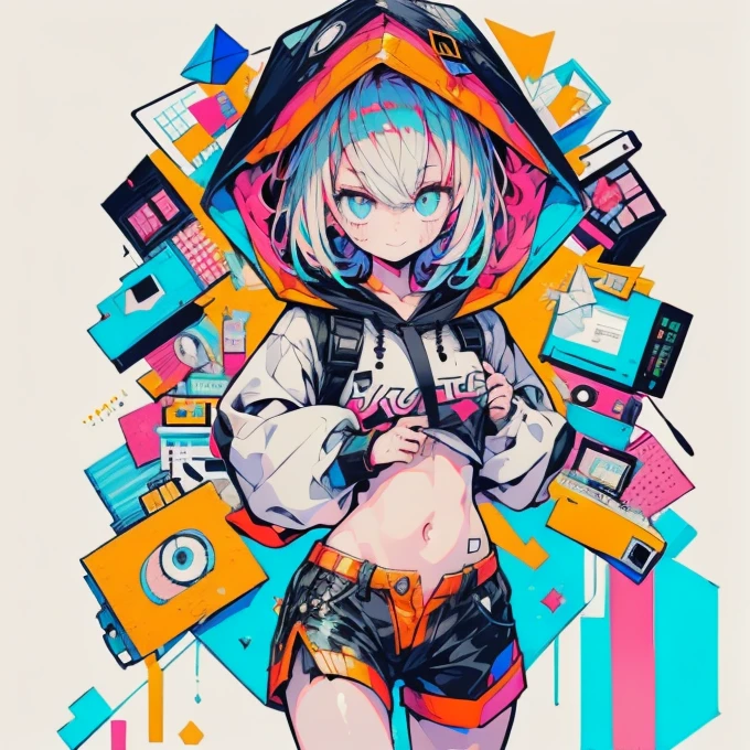 (  Masterpiece  ,  top quality:1.6), Alone, Thick outline, ( simple background ,  geometric pattern background ,  black and white, light orange:1.2),  Official Art,  KEY VISUAL , 8k,   open her mouth ， disorganized  , whole body, (Unique Hair,  hoodie too big ,  hot pants,  Hooded , Arched back, Short torso:1.2), belly button, smile！， is pleasing to the eye with so many colors,Thighs,  cowboy shooting,  high definition ,  sharp concentration,  high definition ,  most detailed,  very detailed,  super detailed, finely,  Detailed Eyes and Faces ,  sharp pupils, Realistic student, Alone, Sky blue and pink contrast, Alone,  pocket