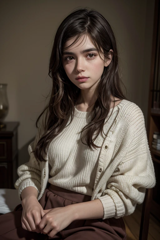 masutepiece、top-quality、hight resolution、Eleonora Pavinato, 13 years old, Petite bust、Headshot of the youngest person in the room sweter z dużym dekoltem You can see small breasts Brown hair Bun hair Beautiful but small breasts
