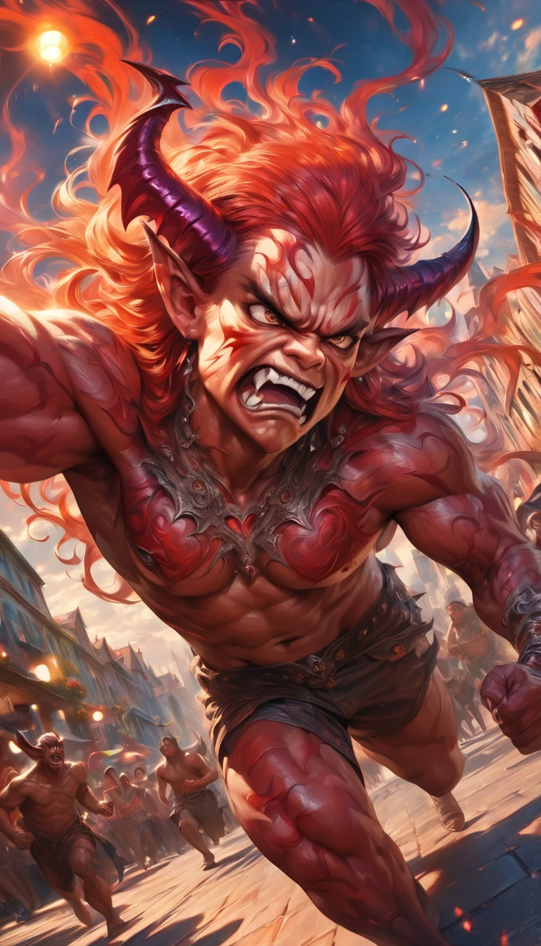 (an angry demon, Angry:1.4), very detailed , lurking over a city,  people running ,  hyperdetailed , hyper-realistic,  masterpiece:1.2, high resolution,  ultra detailed , realistic:1.37, hdr, HD, professional, vivid colors, bokeh, oil painting, dark fantasy, vibrant color palette, dramatic lighting