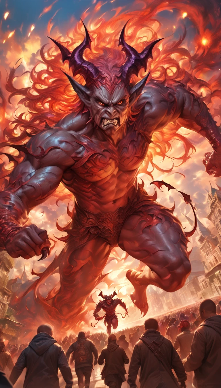 (an angry demon, Angry:1.4), very detailed , lurking over a city,  people running ,  hyperdetailed , hyper-realistic,  masterpiece:1.2, high resolution,  ultra detailed , realistic:1.37, hdr, HD, professional, vivid colors, bokeh, oil painting, dark fantasy, vibrant color palette, dramatic lighting